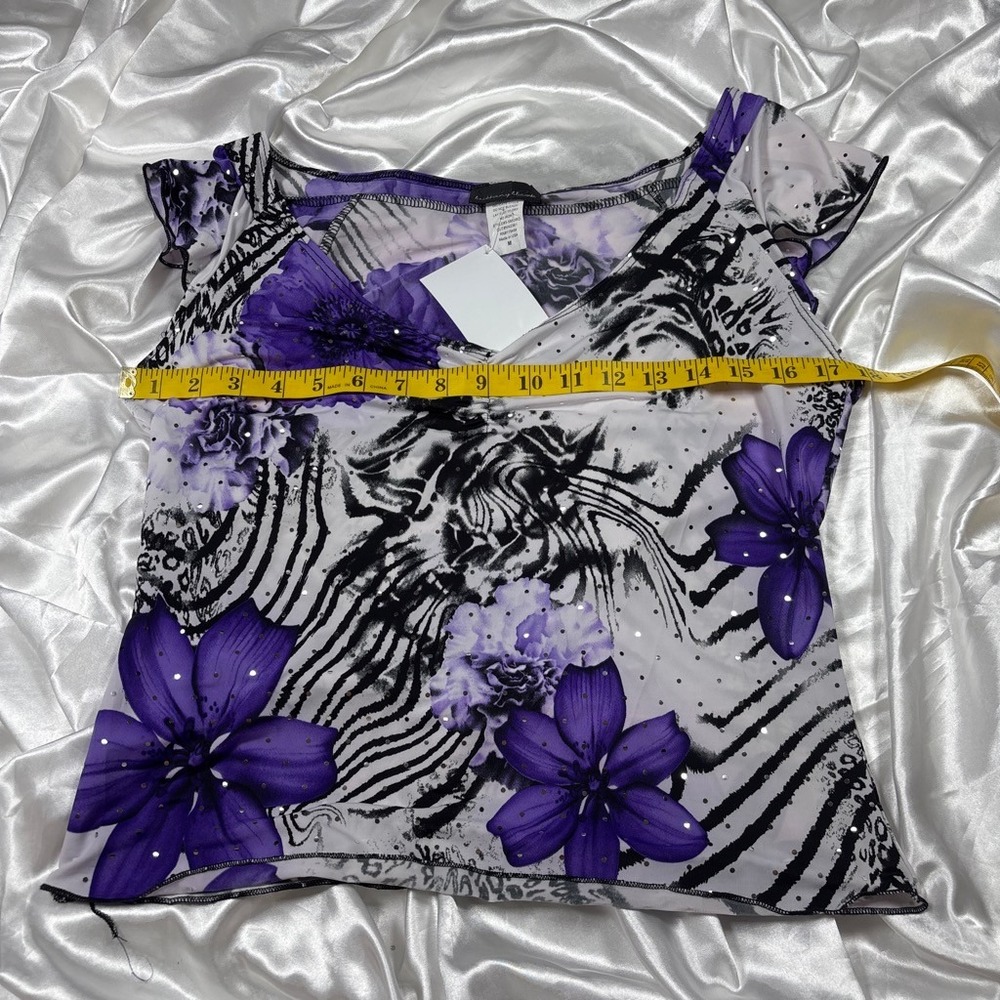y2k Brittany Black Floral Animal Print Top Purple Rhinestone Ruched M - Picture 5 of 6